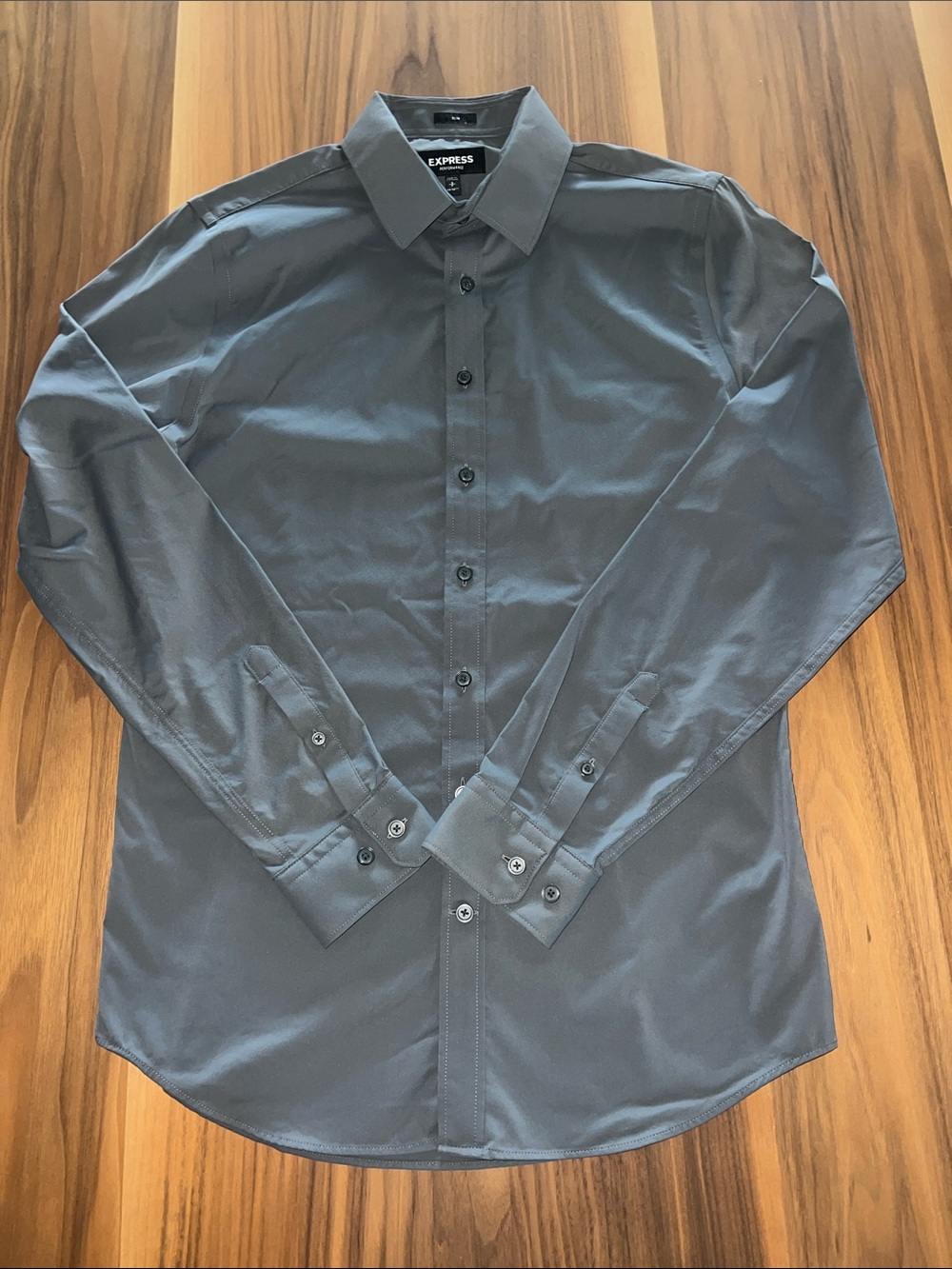 Express Men’s Long Sleeve Dress Shirt — Charcoal Gray, Slim Fit, Size Small.